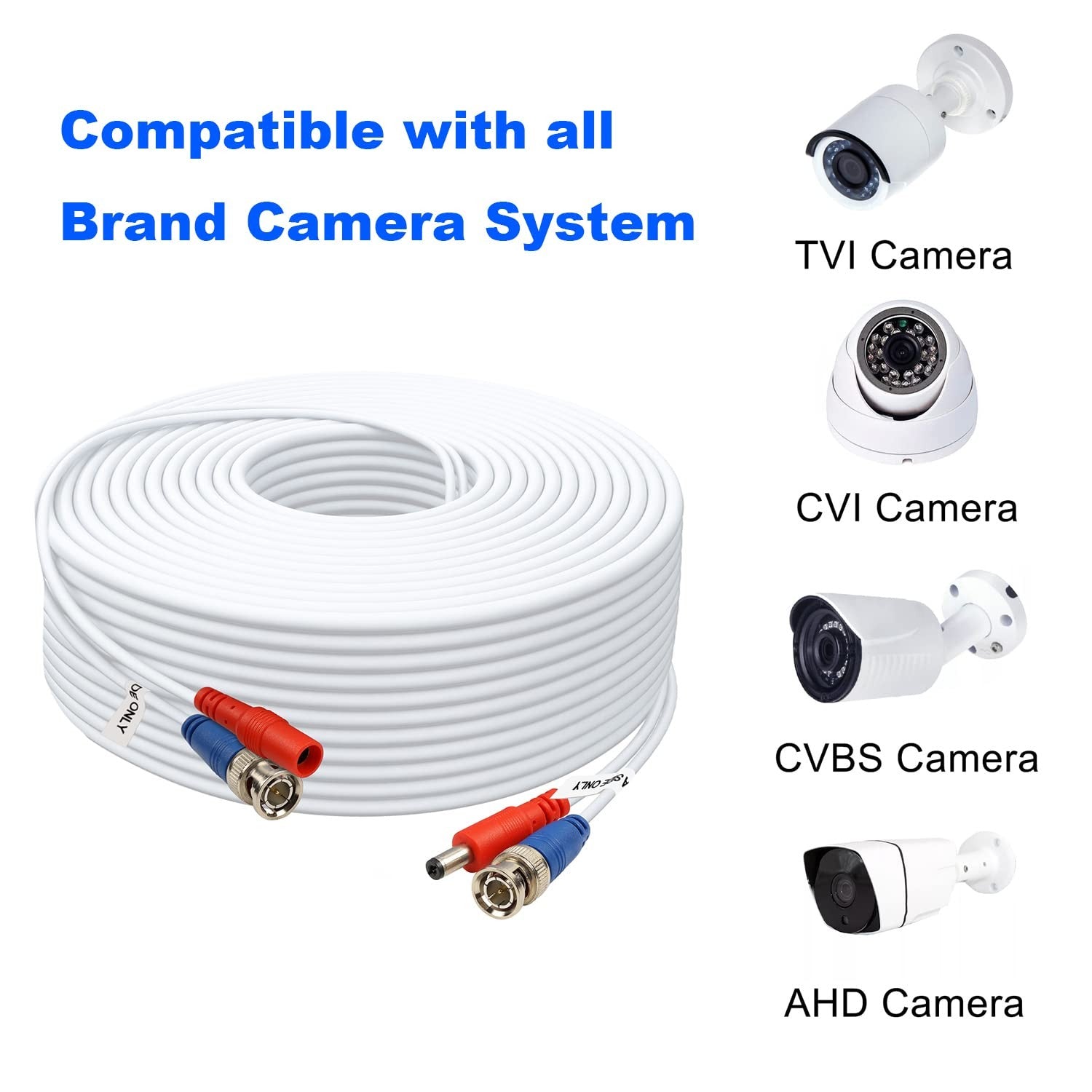 Aimyzii 25ft BNC security camera power and video cables with adapters, showing four black cables with connectors.