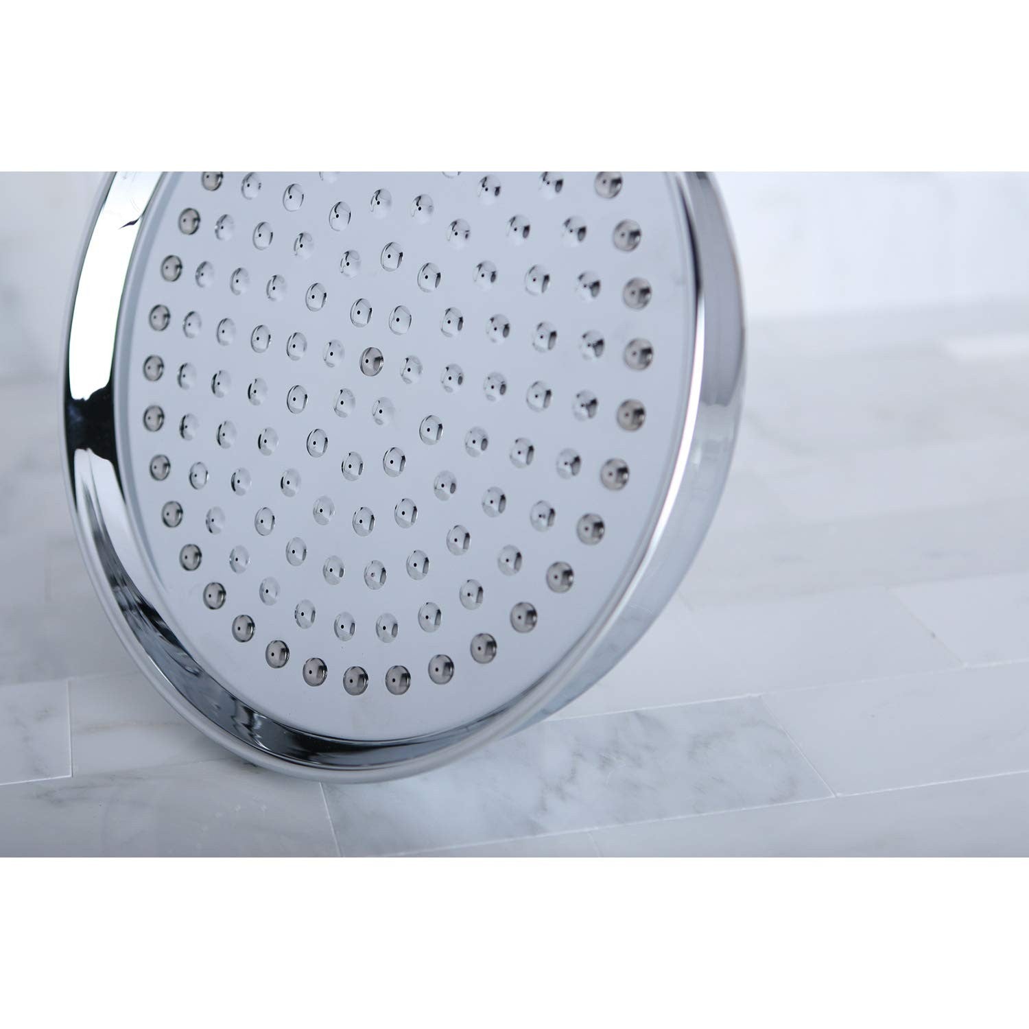 Kingston Brass Victorian raindrop showerhead in polished chrome, 10-inch diameter, with a classic Victorian design and multiple spray nozzles.