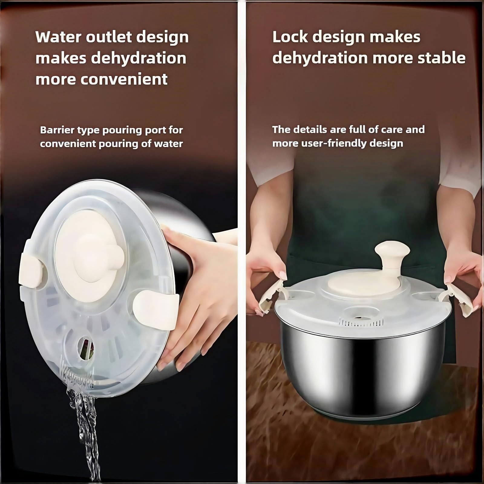 Stainless steel salad spinner with 6L capacity for washing and drying lettuce, vegetables, and fruits in a kitchen.