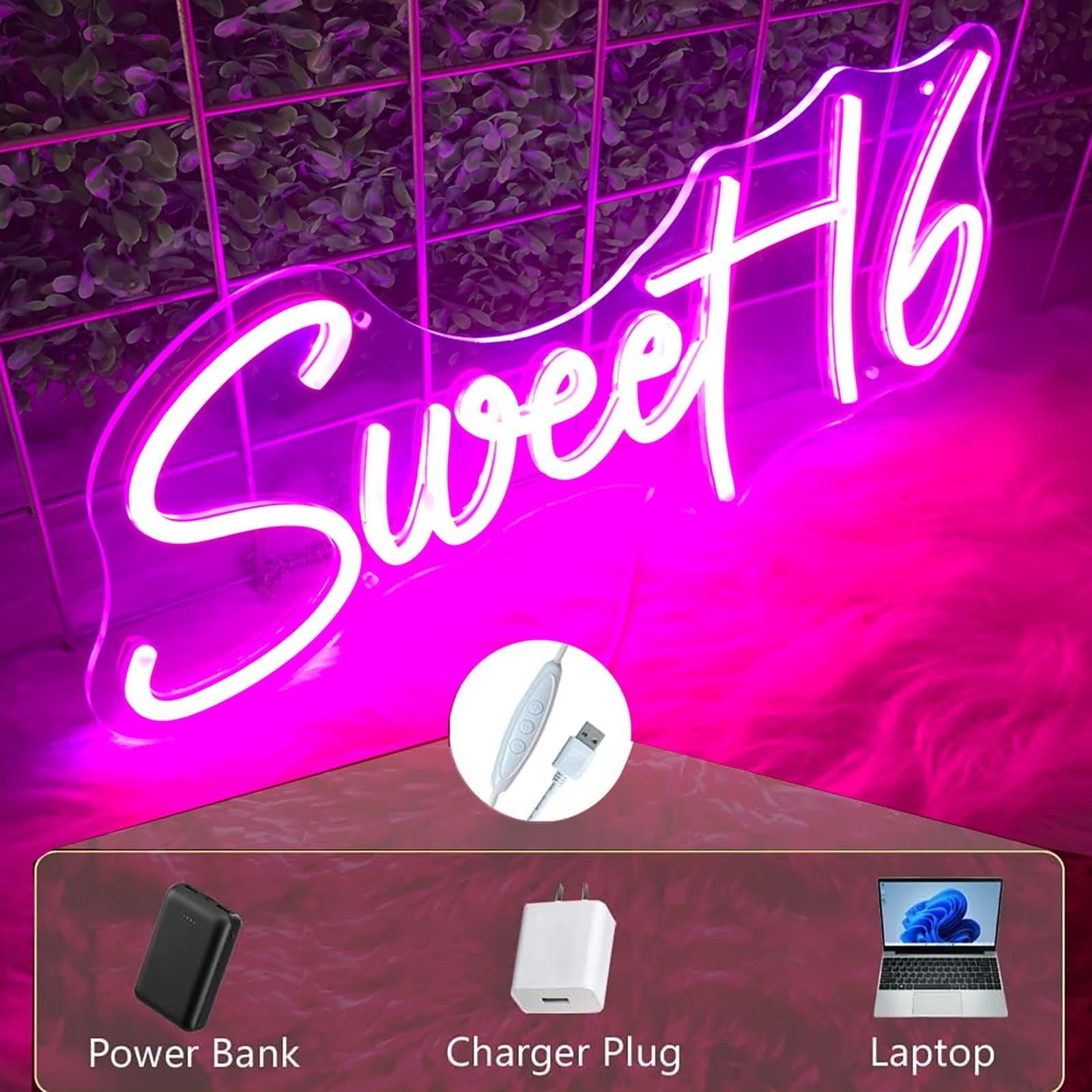 Neooglroad 16.8 inch Sweet 16 neon sign with USB power and dimmer switch, perfect for 16th birthday party decorations.