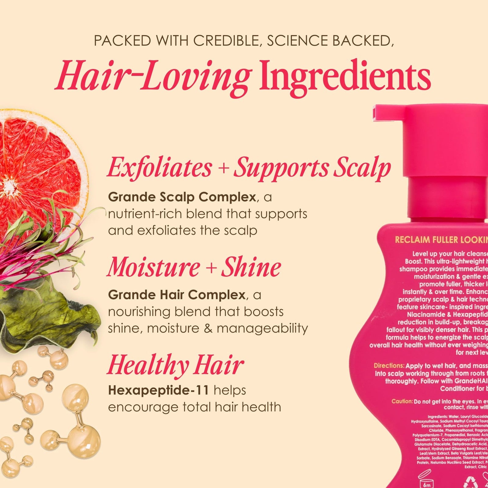 Grande Cosmetics GrandeHAIR Peptide Shampoo for hair thickening and reducing fallout, showing a sleek bottle on a clean background.