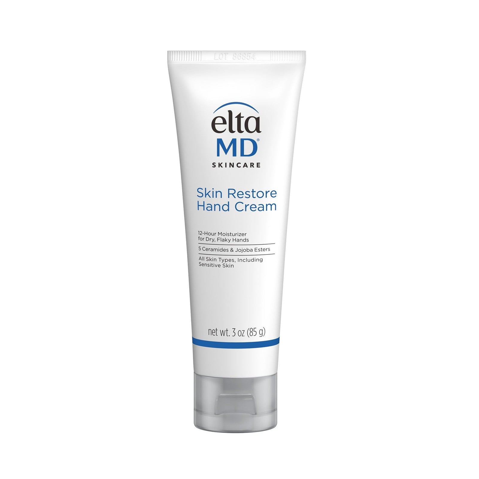 EltaMD Skin Restore Hand Cream tube with white cap, showing the product label and packaging details.