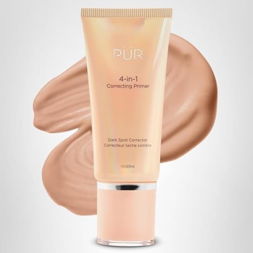 PÜR MINERALS 4-in-1 Correcting Primer with dark spot correcting properties, applied on a woman's face to even skin tone.