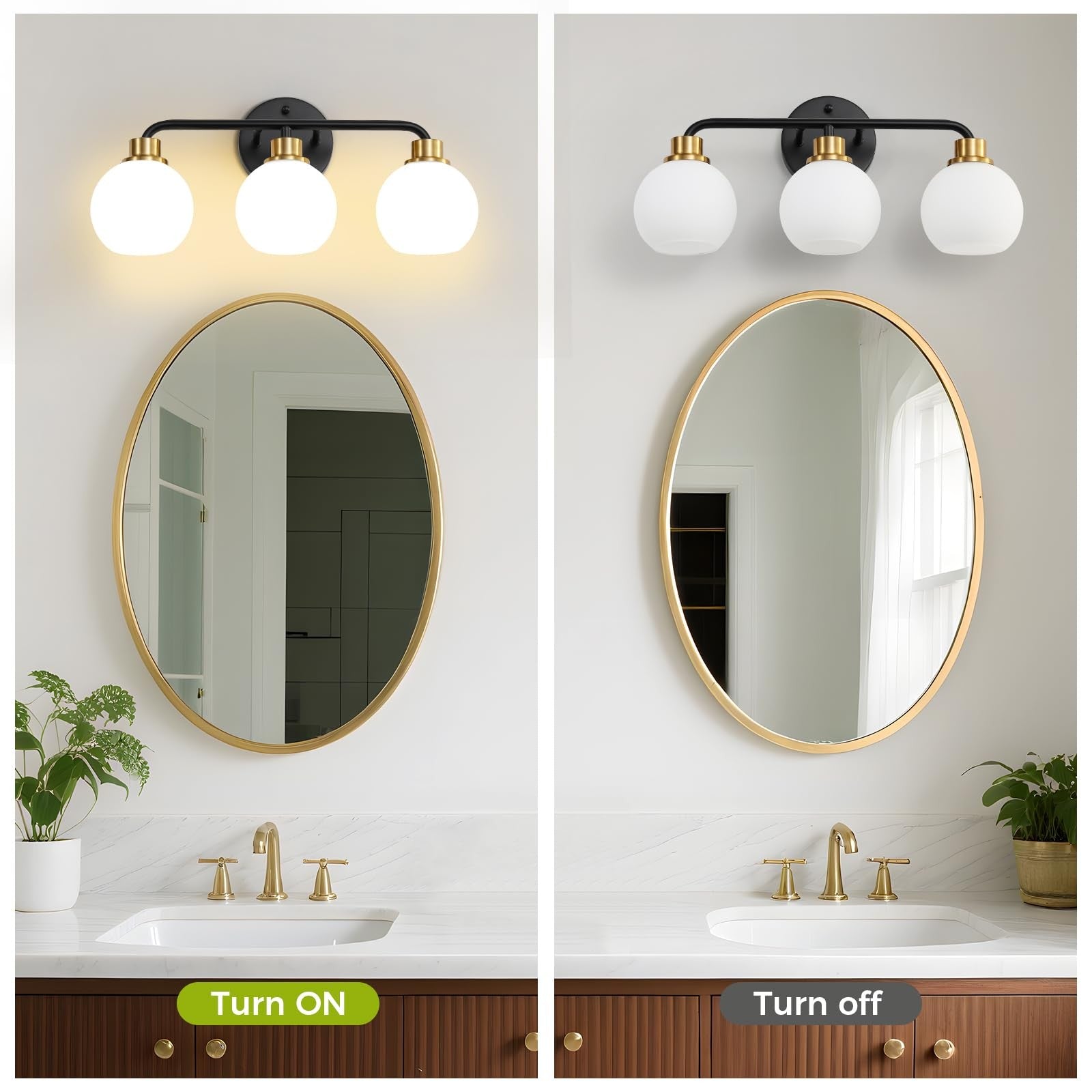 Watyo 3-light bathroom vanity light fixture in black and gold with milk glass shades, mounted on a sleek wall.