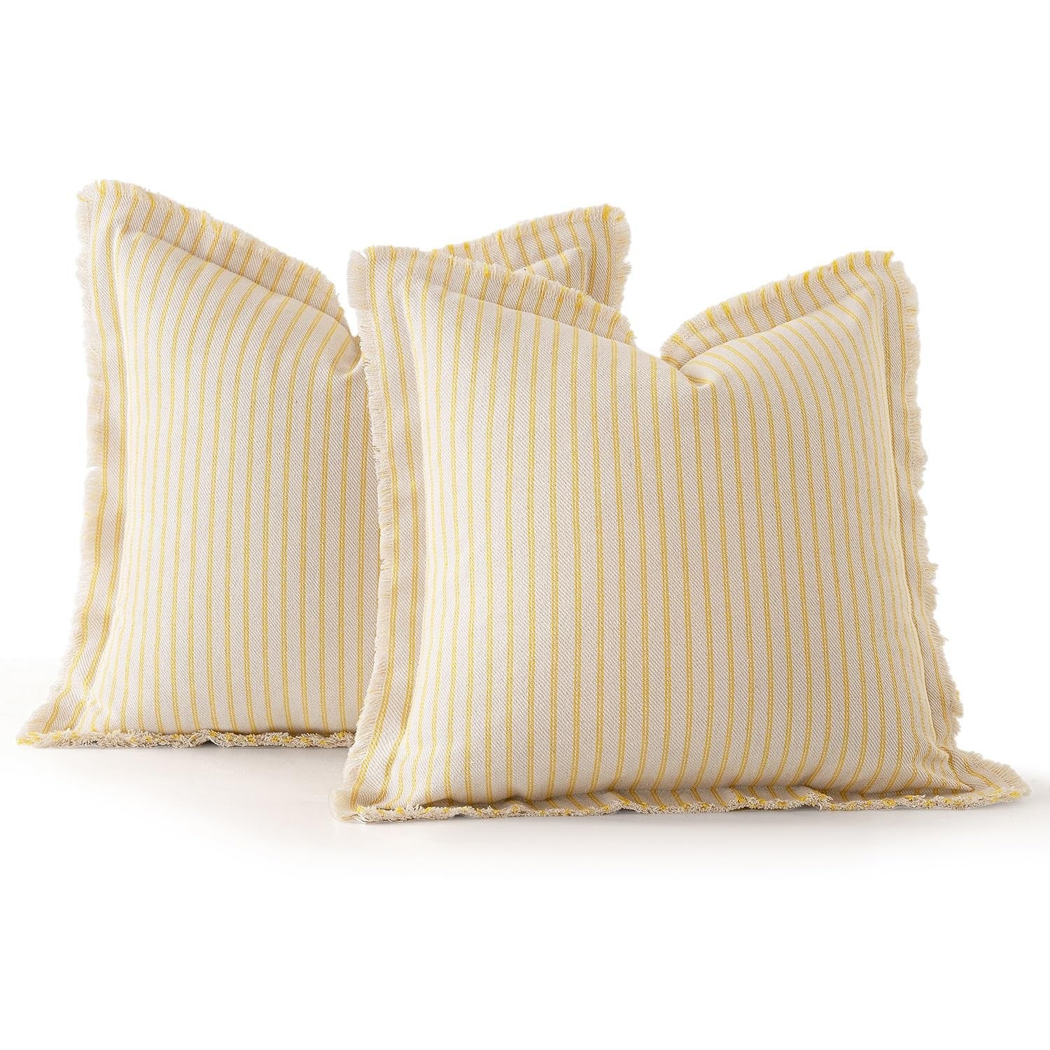 Pair of MIULEE yellow pillow covers with striped farmhouse design, 24x24 inches, ideal for sofa or couch decor.