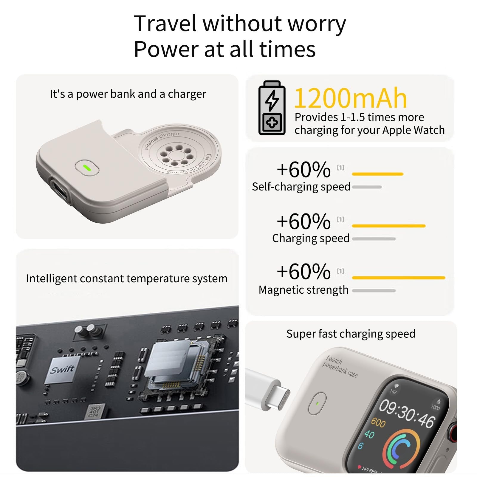 Evacu Apple Watch fast charging portable power bank with 1200mAh compact travel charger, lightweight and convenient for on-the-go charging.