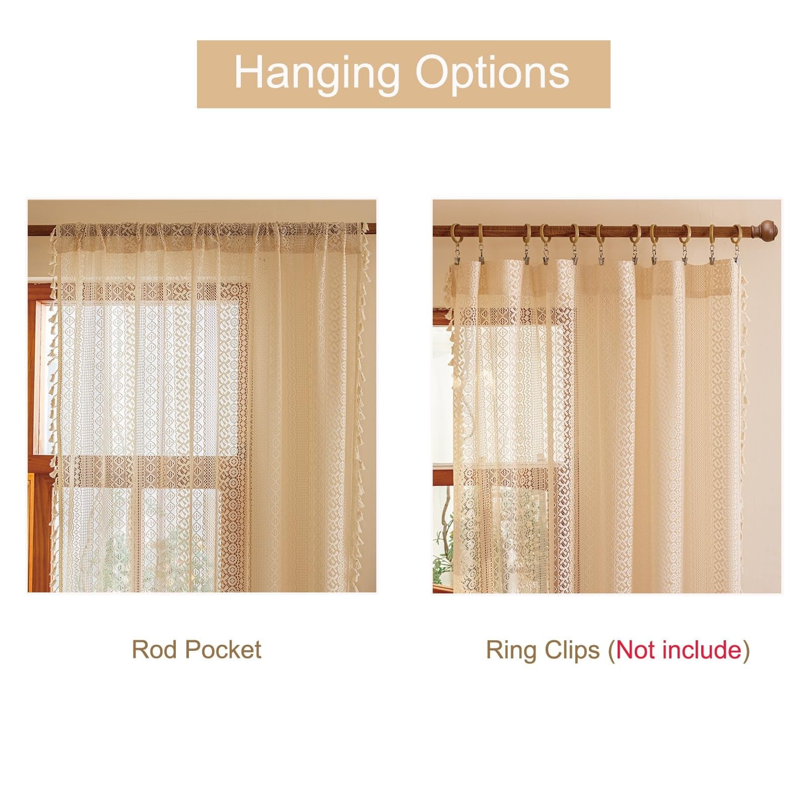 Beige boho vintage lace curtains by Sutuo Home, 108 inches long, hanging in a dining room window with intricate lace details.