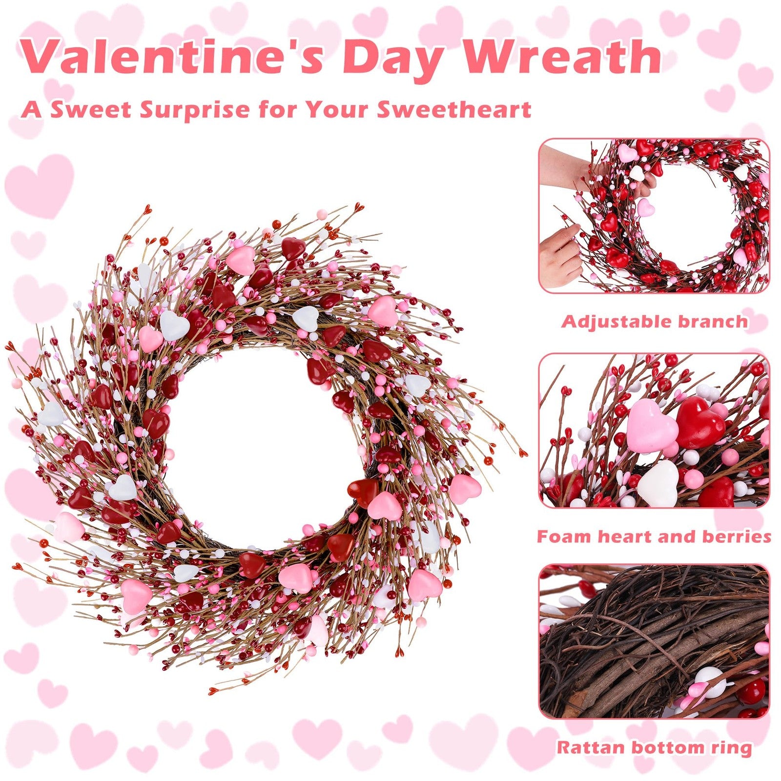 ANVAVO Valentine’s Day wreath featuring red, pink, and white hearts with berries, 24-inch artificial decorative floral arrangement.