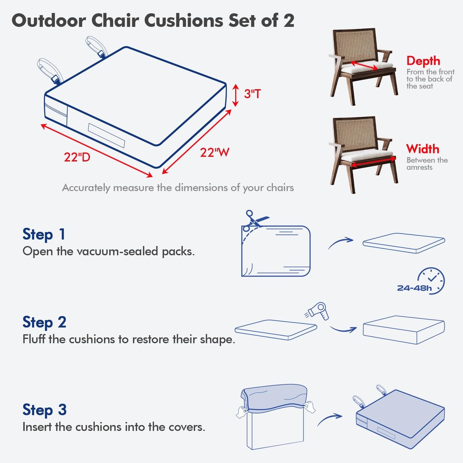 MIULEE waterproof outdoor chair cushions set of 2, 22x22x3 inches, soft fabric seat pads for patio or garden furniture