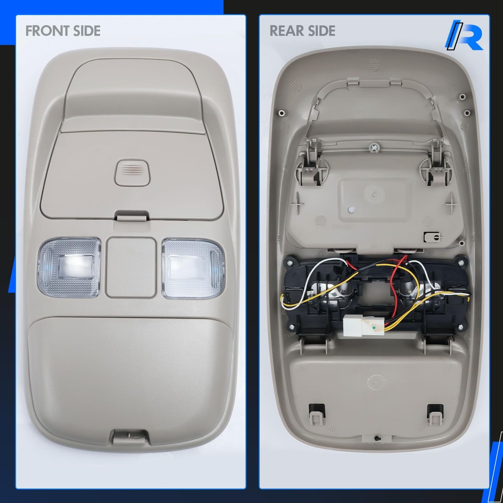 LED overhead console assembly for Dodge Ram 1500, 2500, 3500 (1998-2002) cab interior by RHAOCZIYAUTO with LED lighting.