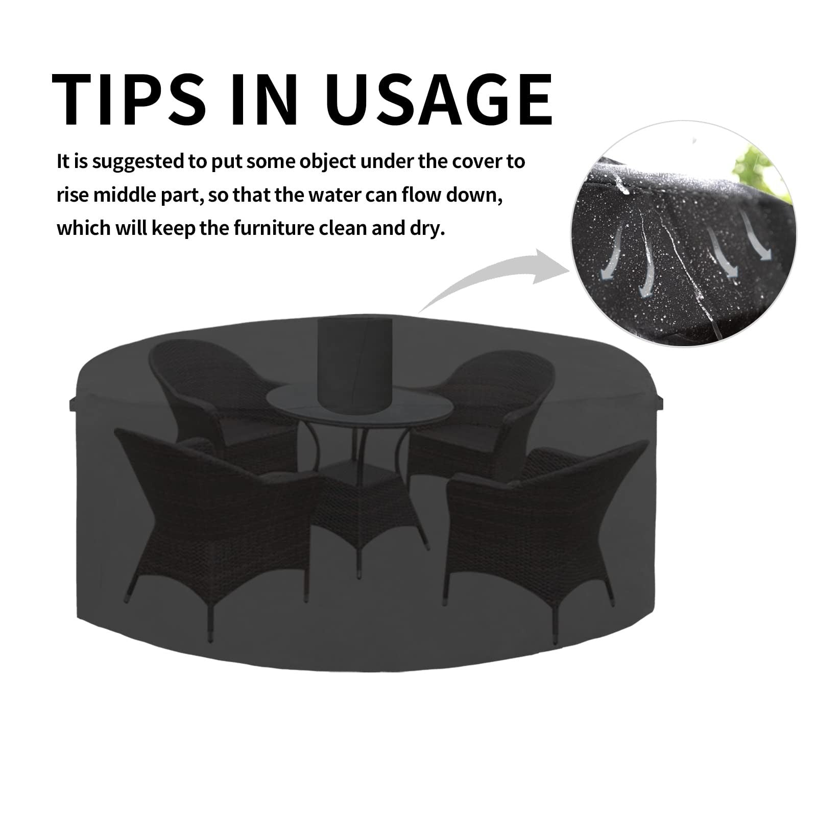 Easy-Going 600D heavy-duty round patio furniture cover covering outdoor table and chairs for weather protection.