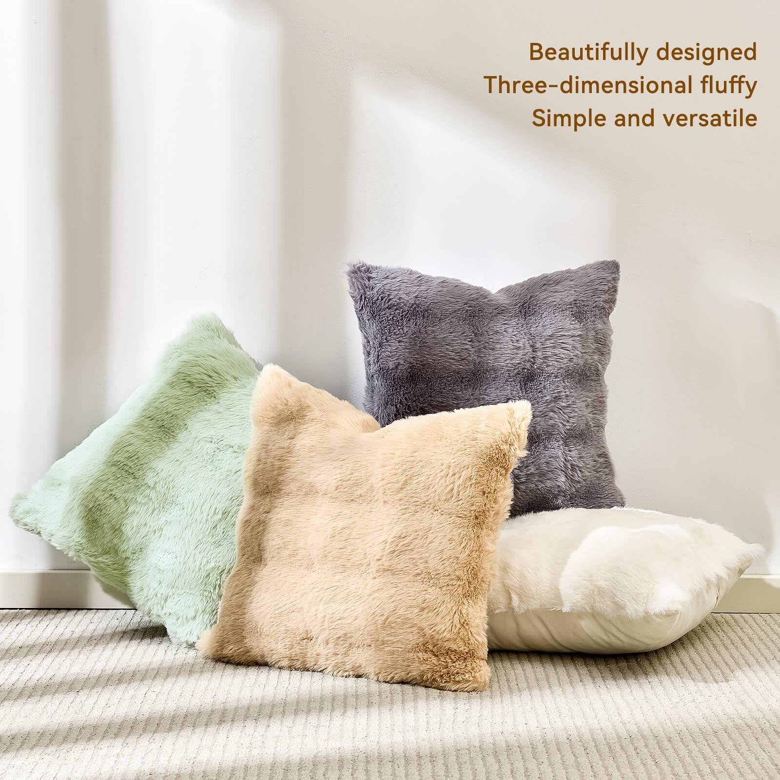 AmHoo pack of 2 throw pillow covers with 3D dense faux rabbit fur, super soft and cozy for home decor.