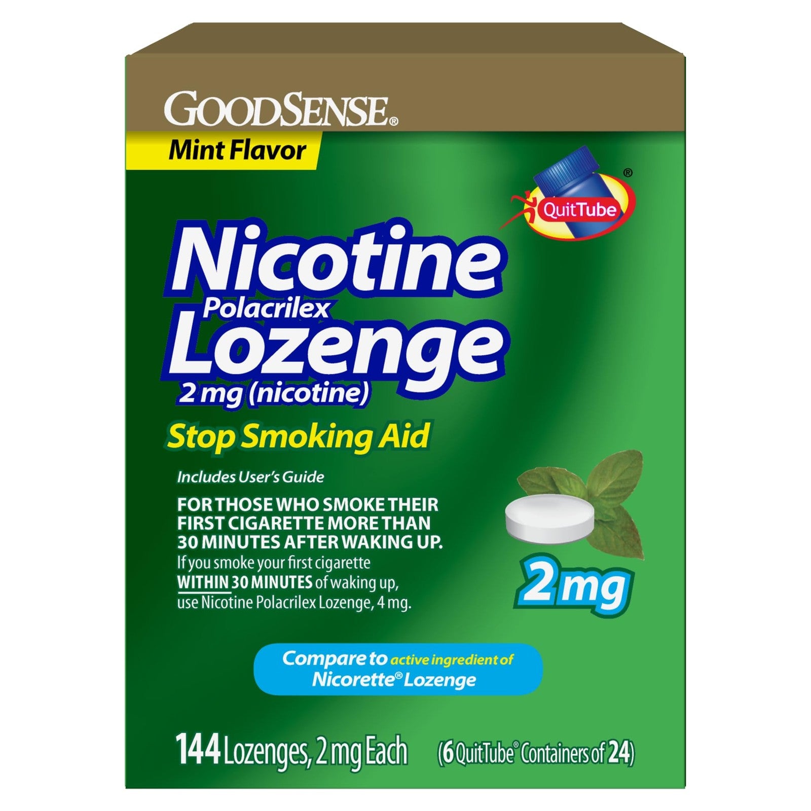 GoodSense Nicotine Polacrilex Lozenge 2 mg mint-flavored stop smoking aid, shown in the package.