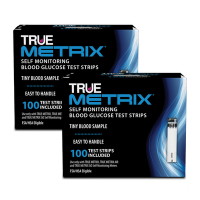 Two packs of True Metrix blood glucose test strips, each containing 100 strips for diabetes monitoring.