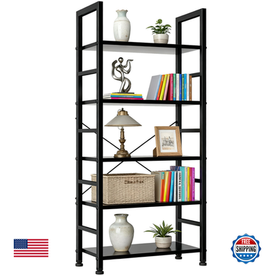 SageNest 5-tier wooden bookshelf with open storage shelves and metal frame for organized book and decor display