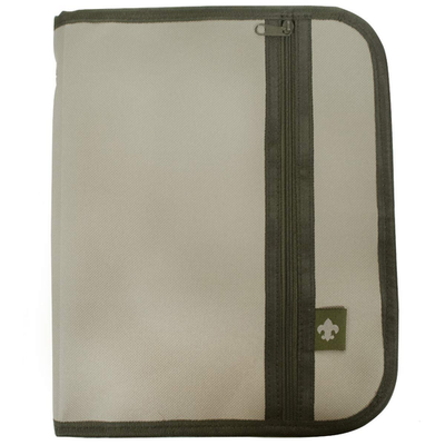 Large tan Boy Scouts of America Scouts BSA Handbook cover with embossed emblem and rugged fabric texture.