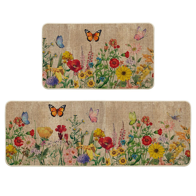Artoid Mode brown kitchen mats set with wood flowers and butterfly design, non-slip rubber and polyester, seasonal spring decor