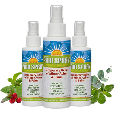 Premiere Pain Spray bottle with natural menthol and peppermint oil for joint relief, shown on a neutral background.
