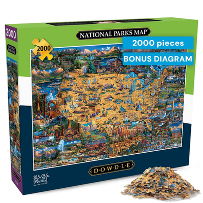 Buffalo Games Dowdle National Parks map jigsaw puzzle, 2000 pieces, detailed scenic artwork for adults.