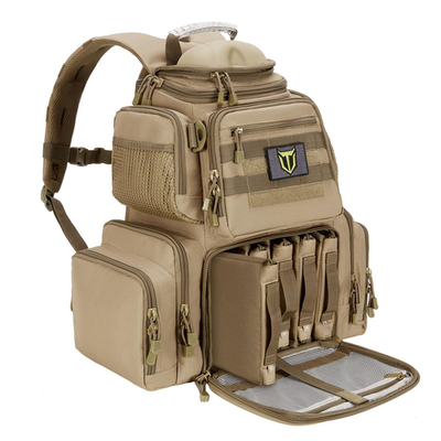 Tidewe tactical range backpack in khaki with multiple compartments for gun, ammo, and pistol storage, durable and functional design.