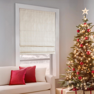 Madison Park Galen Cordless Roman Shade in sheen ivory, room darkening, 27W x 64H, showcasing its sleek, elegant fabric and design.