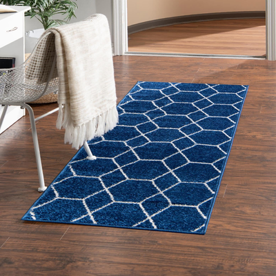 Navy geometric area rug from Unique Loom Trellis Frieze Collection, 2x10 runner with modern trellis pattern on textured fabric.