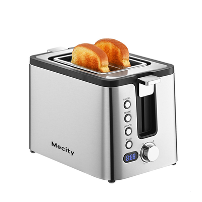 Mecity 2-slice stainless steel toaster with timer, bagel, defrost, reheat, and cancel functions.