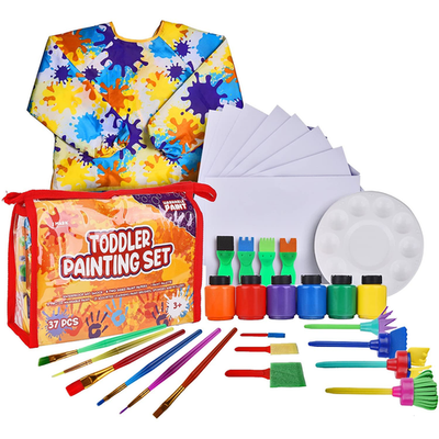 J MARK 32-piece toddler painting set with spill-resistant paint cups, including brushes and colors for young artists.