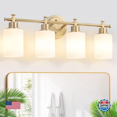 Imizdlum 4-light brushed gold bathroom vanity light fixture with modern design and clear glass shades for stylish bathroom lighting.