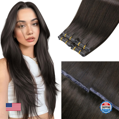 Brown Laavoo double weft butterfly human hair extensions with micro beaded weft for natural, seamless hair enhancement.