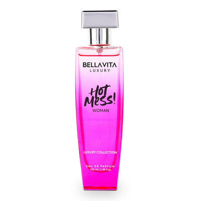 BellaVita Hot Mess perfume for women, 100ml luxury Eau de Parfum bottle with elegant design and floral fragrance accents.
