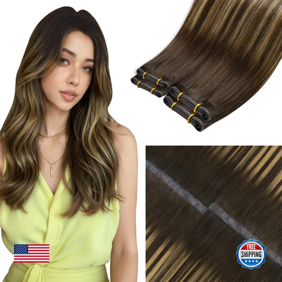 Human hair Laavoo Butterfly Weft hair extensions with micro beads and balayage color, showcasing the detailed butterfly design.
