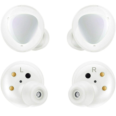 Samsung Galaxy Buds R175N true wireless earbud headphones in white, shown in a close-up view of the sleek design.