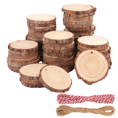 GNIEMCKIN 60-piece 4-inch natural pine wood slices with pre-drilled holes and red jute rope for DIY crafts and ornaments