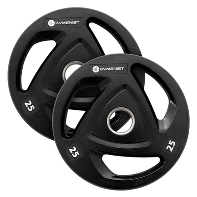 Gymenist premium Olympic rubber-coated metal weight plate for men and women, shown on gym flooring with handle holes for lifting.