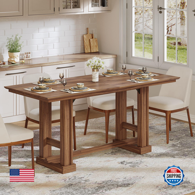 Wooden farmhouse dining table for 6-8 people, 70-inch length, sturdy kitchen table with rustic design and natural wood finish.