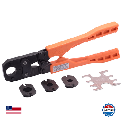 SharkBite 3/8 inch PEX crimp tool multi-head kit with orange handles for plumbing installations and pipe fittings.