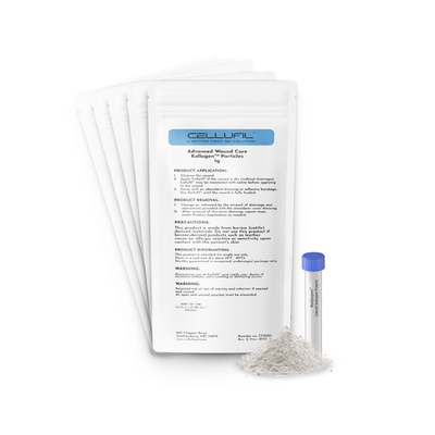 Celluheal Cellufil Collagen Particles in a vial for advanced wound care, showing five vials with clear packaging and labeling.