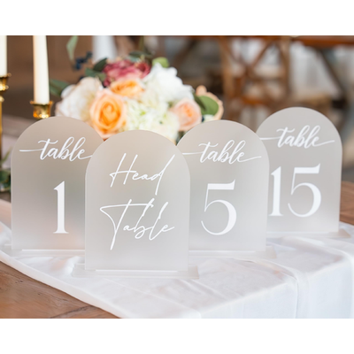 Frosted acrylic table number 5x7 inches with white font, used as wedding reception decor by SUBLIME SOIRÉE