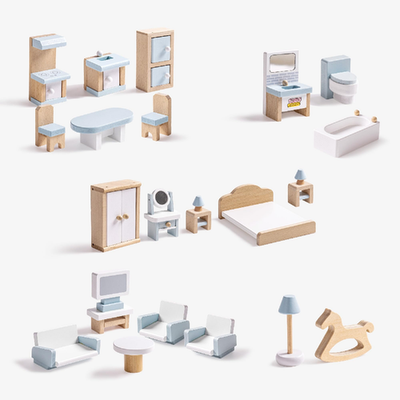 ROBOTIME 23-piece dollhouse furniture set with wooden miniatures for 1:12 scale, including chairs, tables, and accessories.