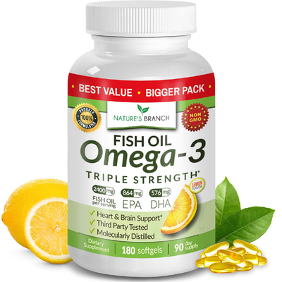 Triple Strength Omega 3 Fish Oil 2400mg 180 burpless capsules wild caught by NATURE'S BRANCH