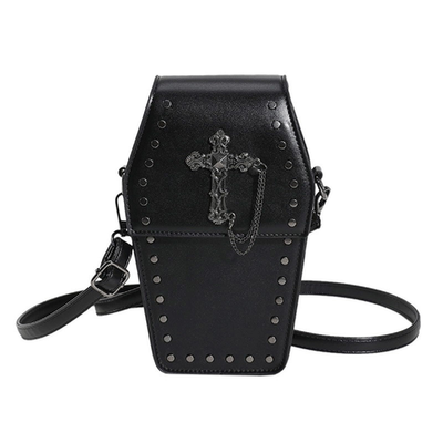 Black LOTUSTAR Goth coffin purse with cross shoulder strap, featuring a Halloween-inspired coffin design and gothic style details.