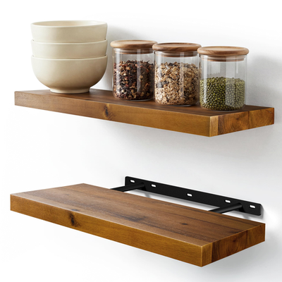 Set of 2 rustic farmhouse-style acacia wood floating shelves mounted on wall for storage or display.