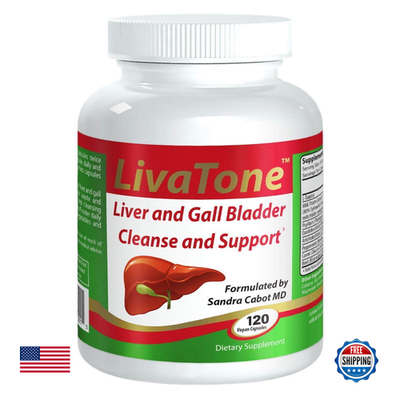 Unbranded Livatone Liver and Gallbladder Cleanse supplement container showing label with natural ingredients and detox benefits.