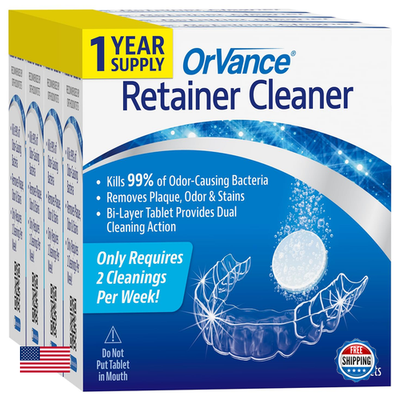 Box of Orvance retainer cleaner tablets for a one-year supply, featuring packaging with tablets and cleaning instructions.