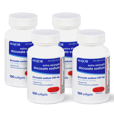 Major Docusate Sodium 250 Mg Extra Strength Stool Softener laxative bottle with label and cap, designed for bowel relief.