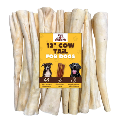 Woofley's 12-inch cow tail dog chews, high-protein ox tail bones, shown in a 25-pack with multiple chews displayed on a surface.