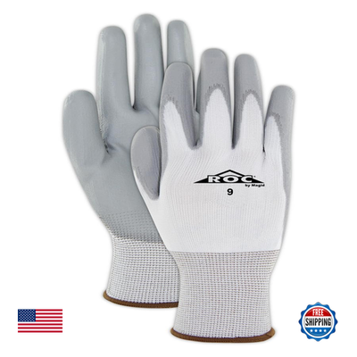 Pair of Magid Roc lightweight polyurethane palm coated work gloves in a 12-pack, showing flexible grip and durable construction.