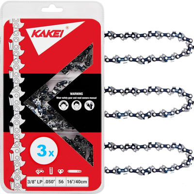 16-inch chainsaw chain with 3/8 inch pitch, .050 gauge, 56 drive links, compatible with various chainsaw brands.