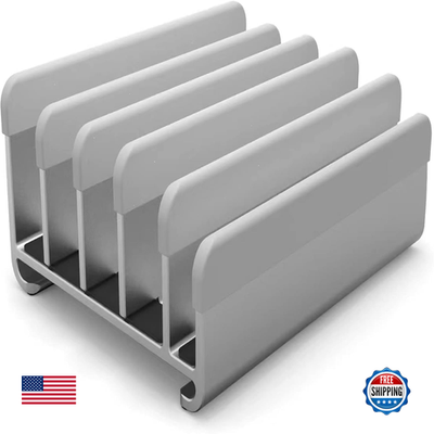 Elestoria 5-slot vertical aluminum laptop stand showing a sleek, modern design with five slots for laptop placement.